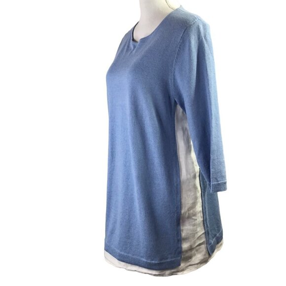J. Jill Linen Blend Knit Sweater Tunic 3/4 Sleeve Shirt Blue White Faux Layers - Picture 1 of 9